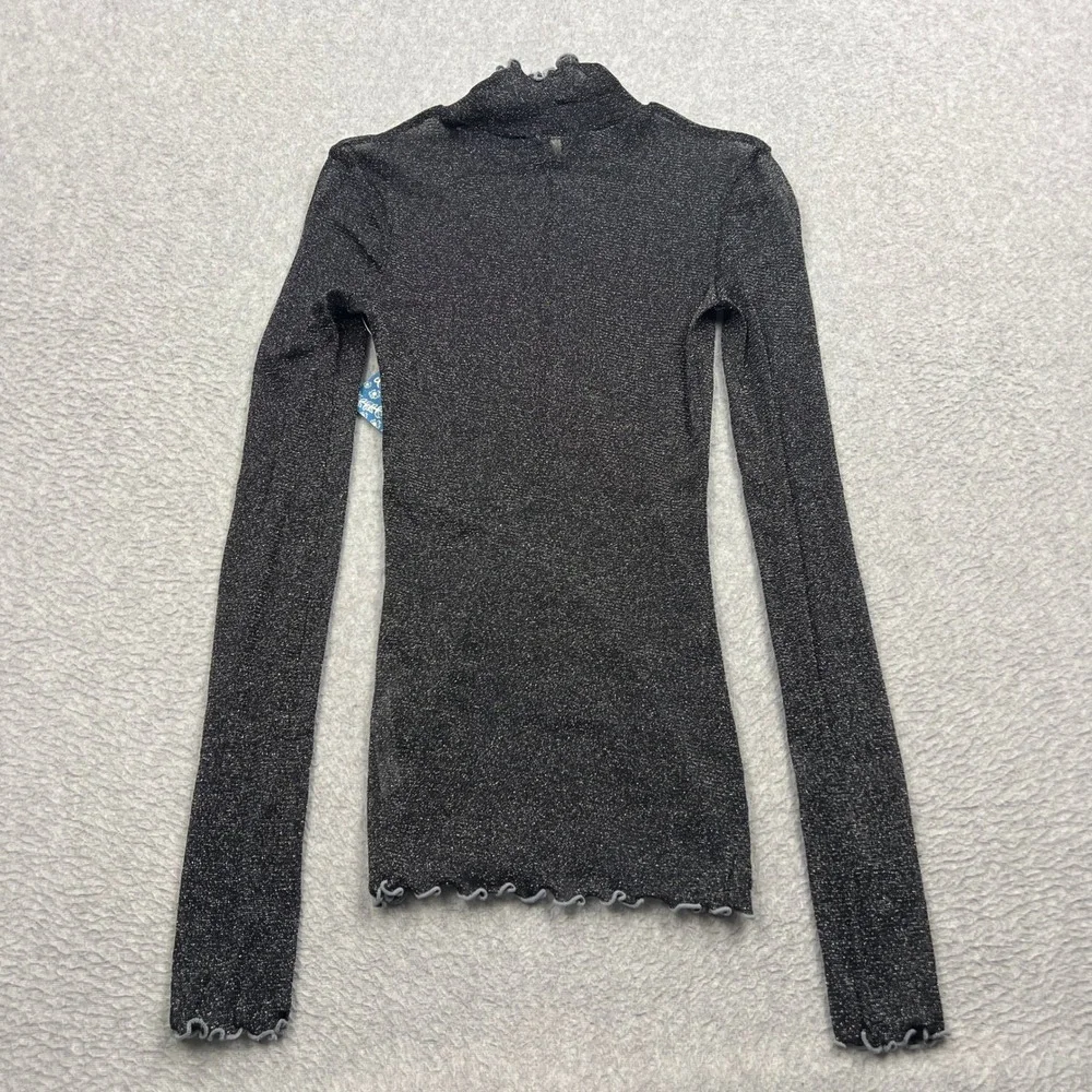 NEW Free People Pop It Layering Tee Women XS Black Shimmer Mock Neck Ruffle Trim